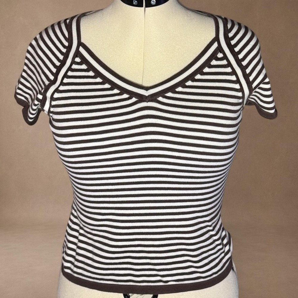 Talbots Petites Brown White Striped Ribbed V Neck Knit Top Y2K Office Chic S